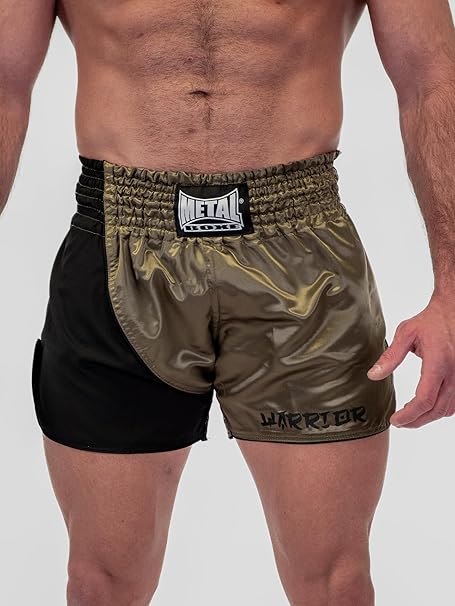 Vista frontale principale pantaloncini Kickboxing Metal Boxe Warrior verde militare