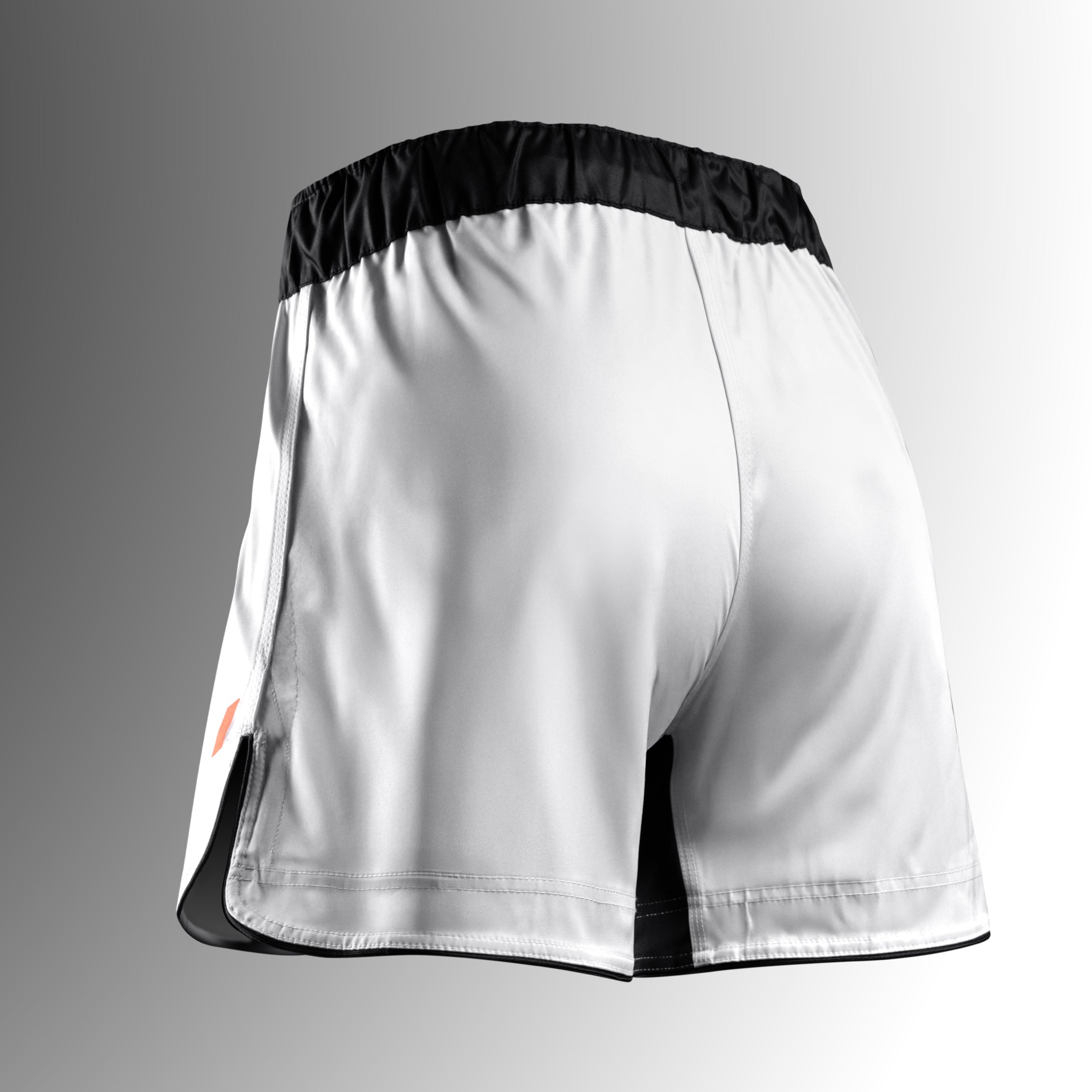 Vista posteriore dei pantaloncini Hayabusa Apex 3/4 bianchi, cuciture flatlock rinforzate