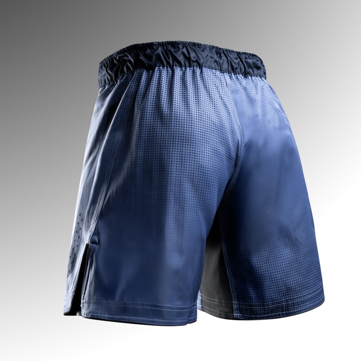 Achteraanzicht van de blauwe Hayabusa Core 3/4 MMA-short, antislip met siliconen gevoerde taille