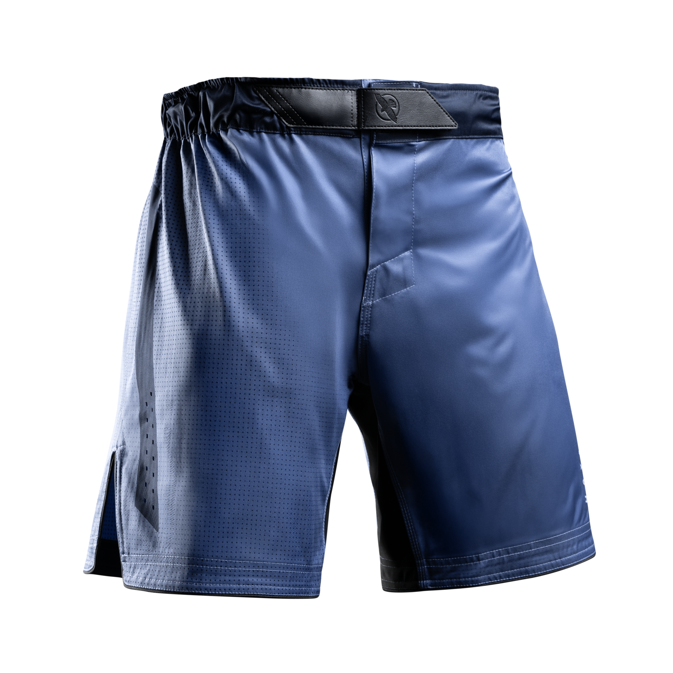 Vista frontale dei pantaloncini MMA Hayabusa Core 3/4 Thigh blu, pannelli stretch nell'interno coscia