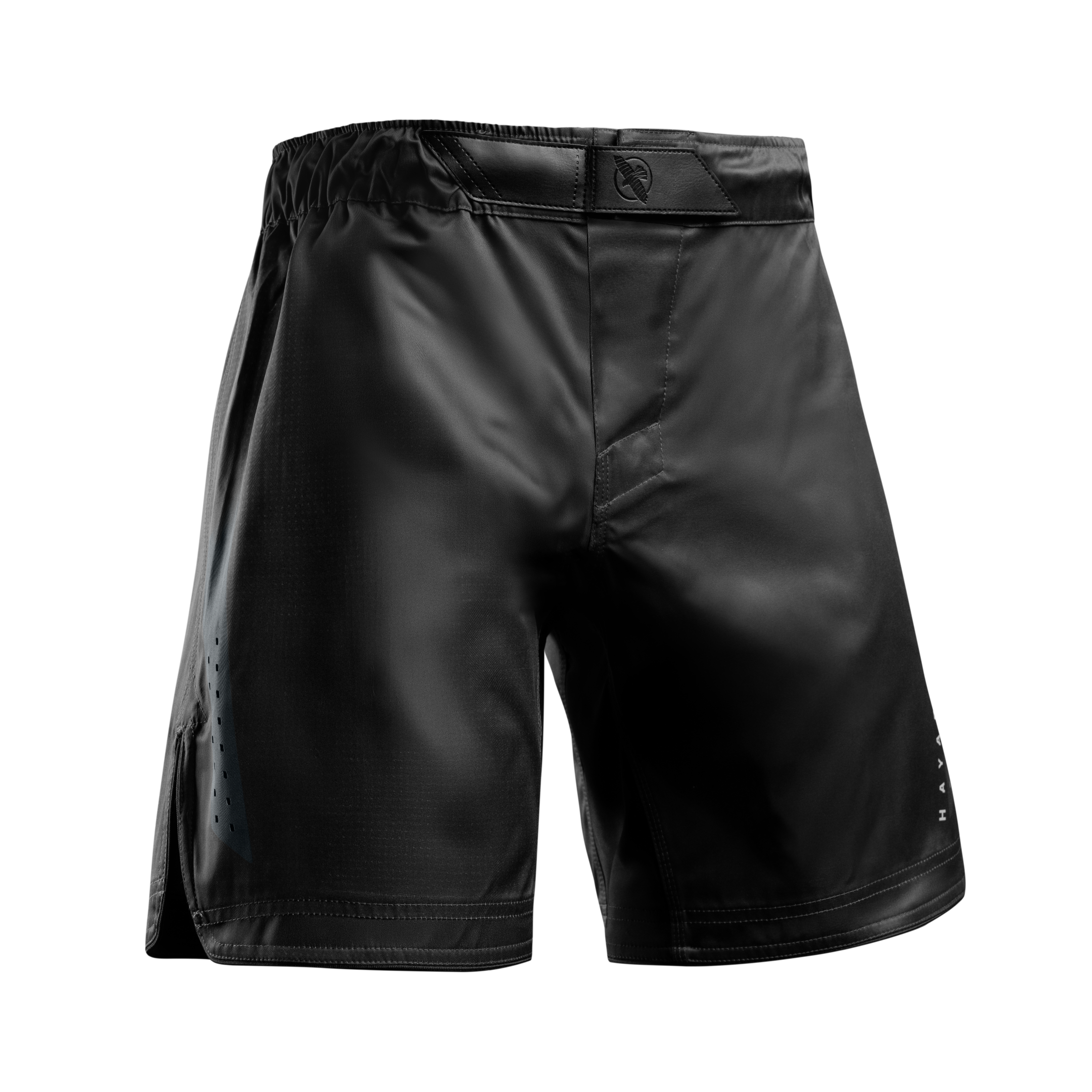 Vista frontale dei pantaloncini MMA Hayabusa Core 3/4 Thigh neri, taglio specifico per BJJ No-Gi
