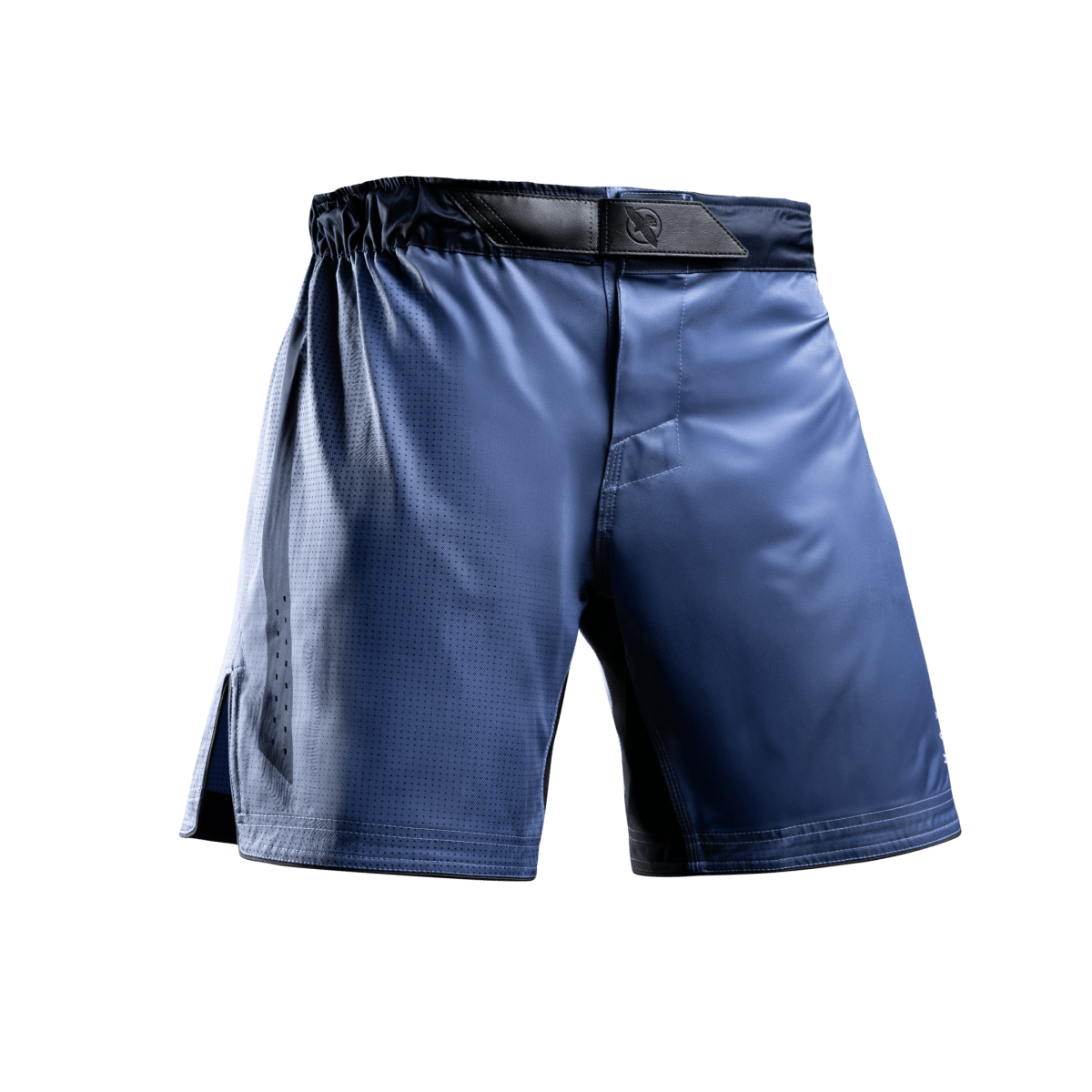 Vorderansicht der blauen Hayabusa Core Mid-Thigh MMA Shorts mit Interlock-Verschluss