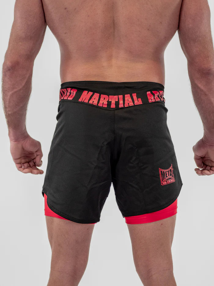 Vista posteriore pantaloncini da combattimento Metal Boxe Dual nero rosso