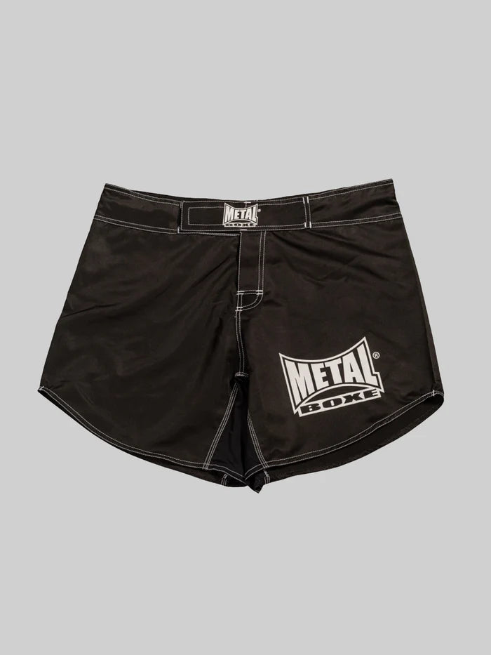 Vista frontale pantaloncini MMA Metal Boxe Short Cut neri in poliestere leggero