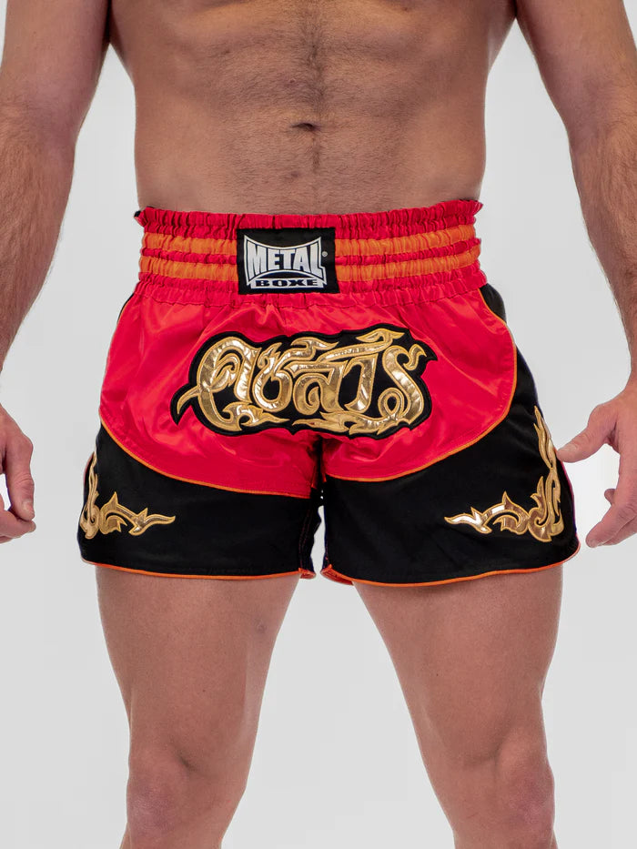 Vista frontale pantaloncini Muay Thai uomo Metal Boxe Lumpinee rosso