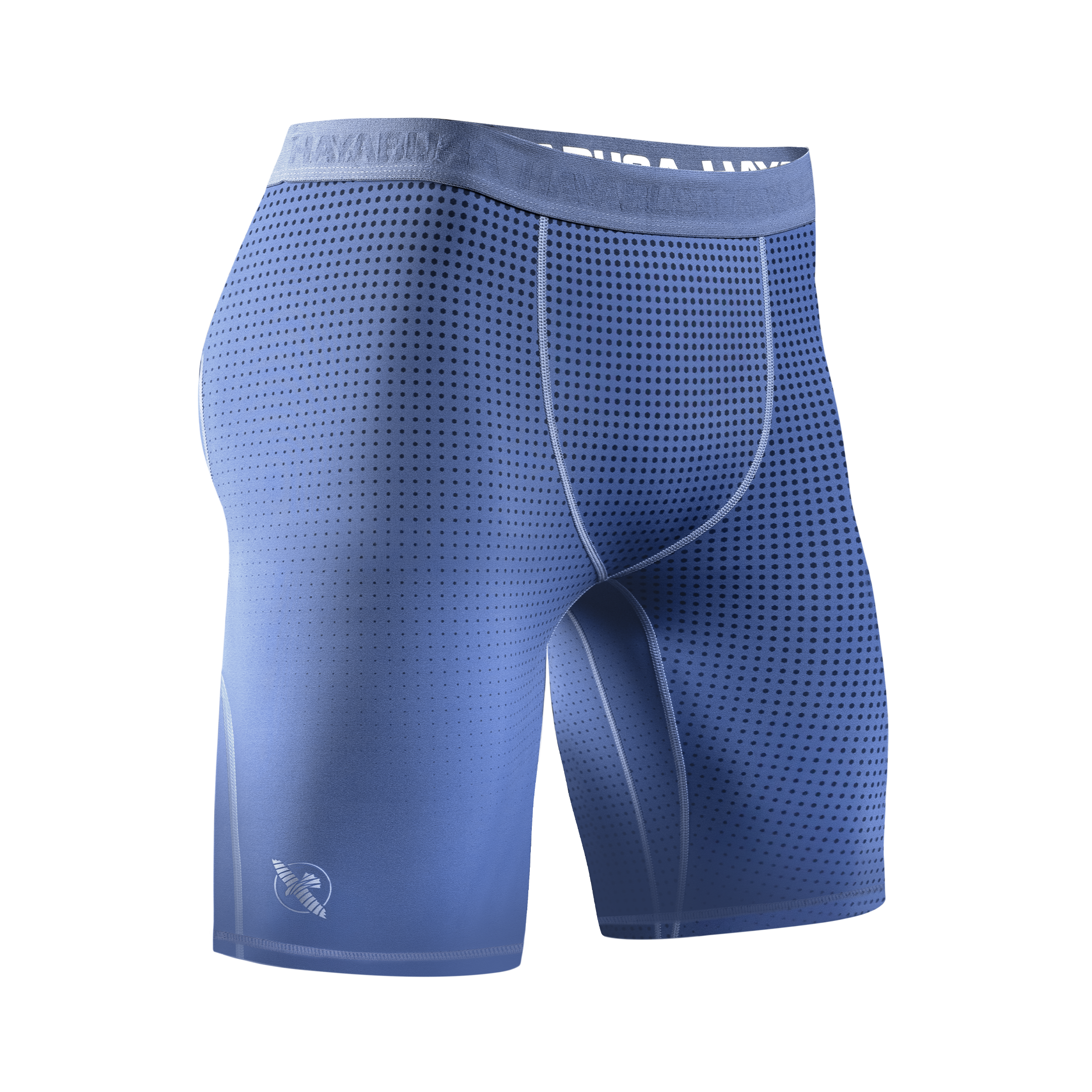 Vista frontale dei pantaloncini Vale Tudo Hayabusa Core blu, girovita con grip in silicone