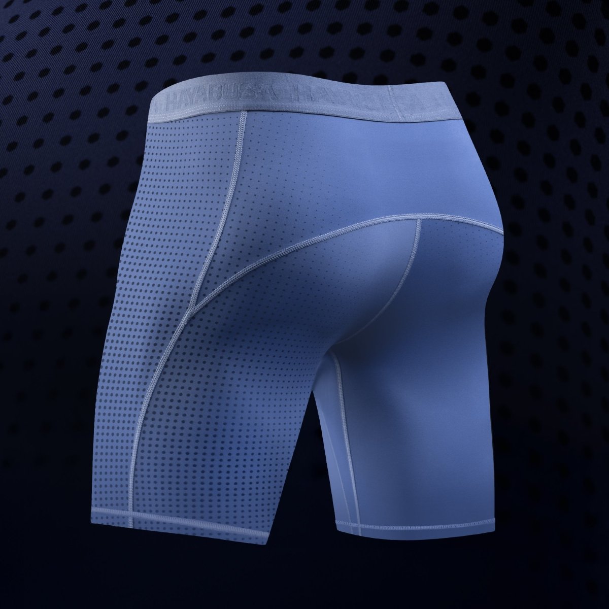 Vedere din spate a pantalonilor scurți albaștri Hayabusa Core, suport muscular avansat