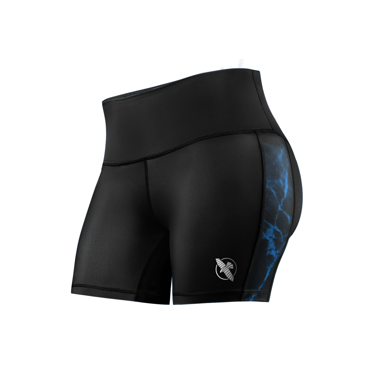 Vista frontal do short feminino Vale Tudo UFC BJJ preto com detalhes em azul