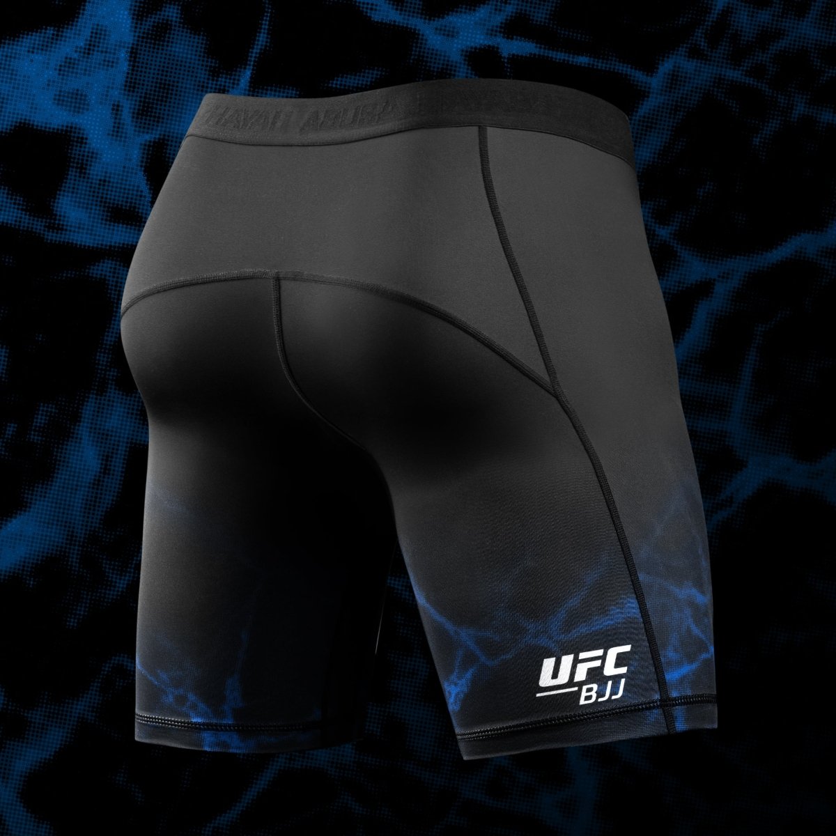 Vista traseira do short oficial de Jiu-Jitsu do UFC em azul e preto, tecido técnico respirável