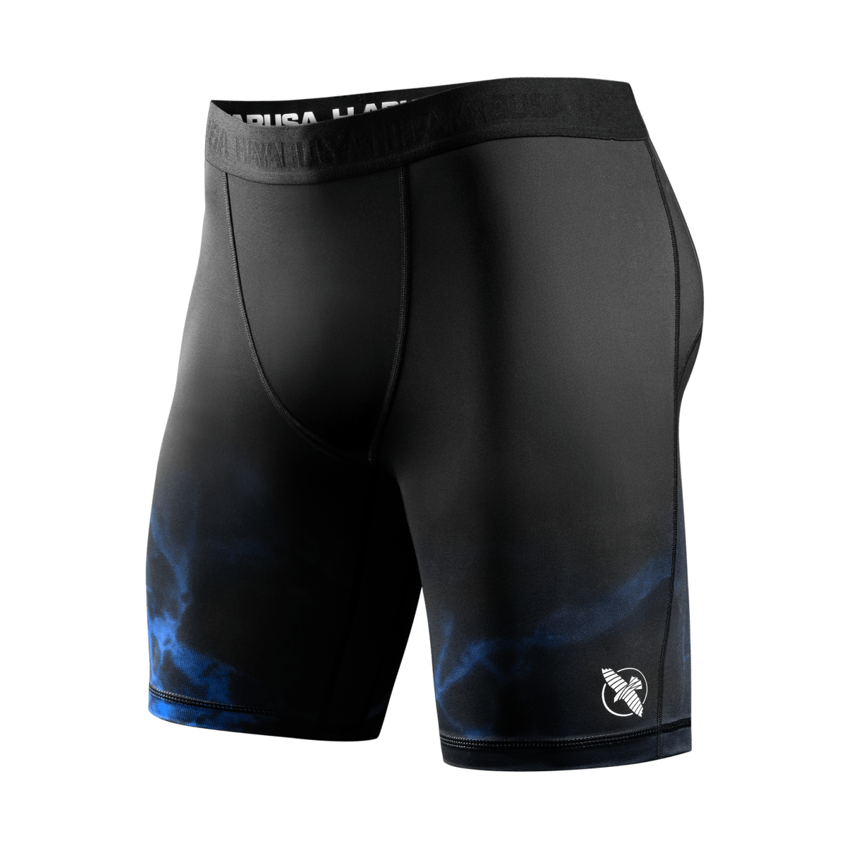 Vista frontal do short de Jiu-Jitsu Vale Tudo UFC preto azul, design ergonômico para Jiu-Jitsu