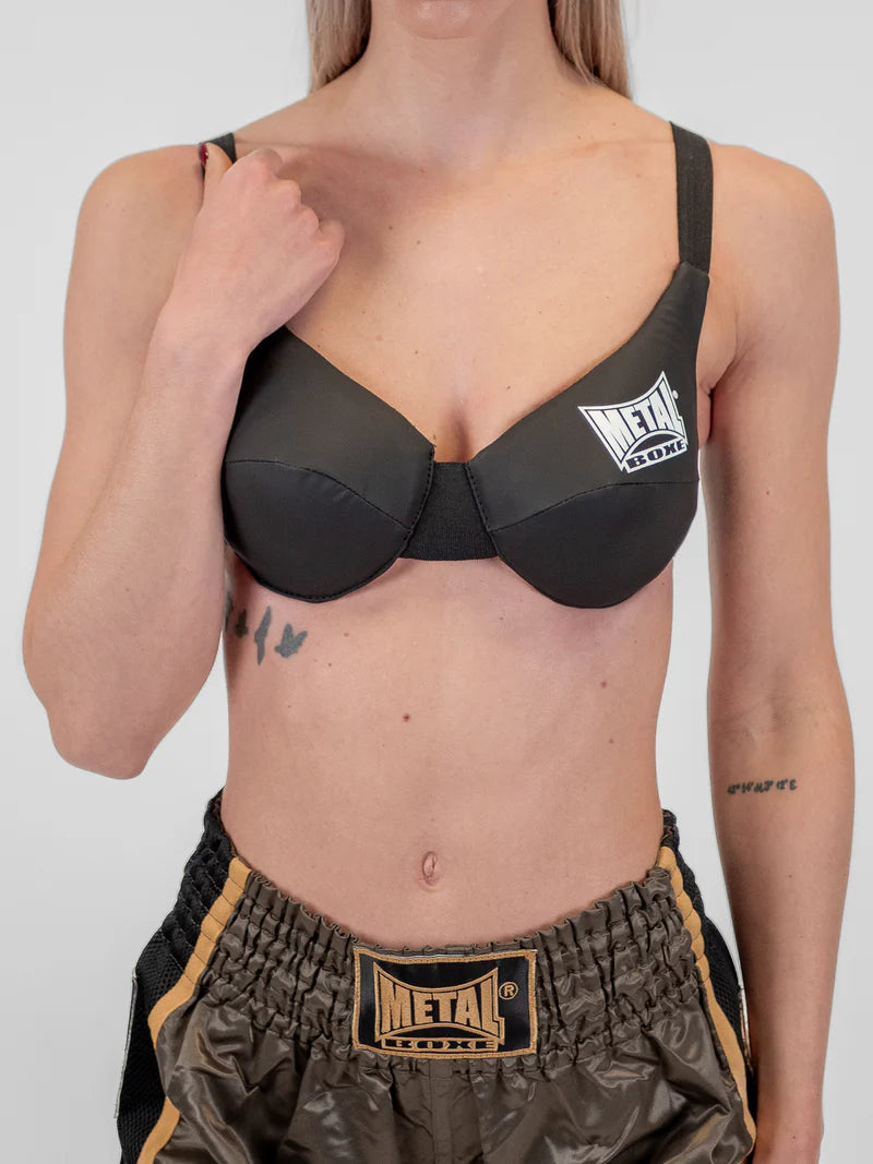 Vista frontale del paraseno Metal Boxe nero con coppe protettive rinforzate