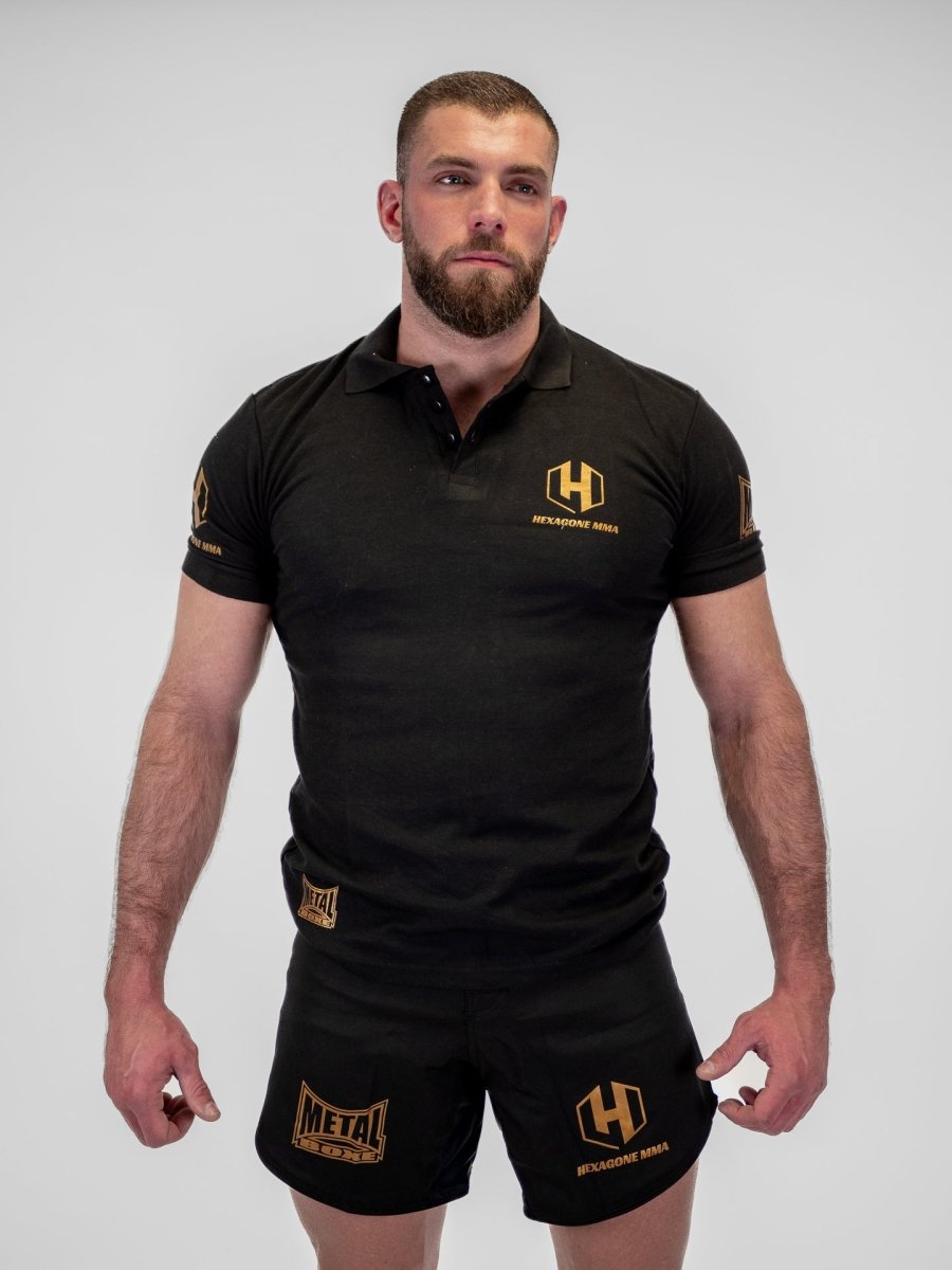 Tricou polo negru Metal Boxing Hexagon MMA din bumbac piqué, cu sigle oficiale