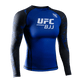Vista frontale della rash guard donna UFC BJJ a maniche lunghe nera con accenti blu, ideale per grappling competitivo