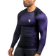 Vista frontale della rash guard Hayabusa Fusion nera e viola, effetto cangiante dinamico