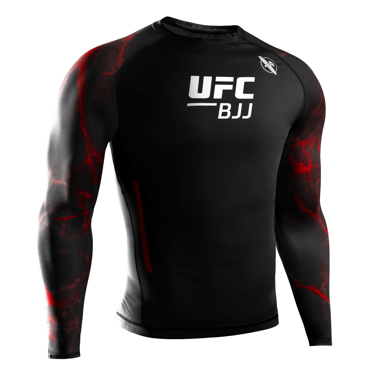 Vue de face du rashguard officiel à manches longues de l'UFC BJJ en noir et rouge