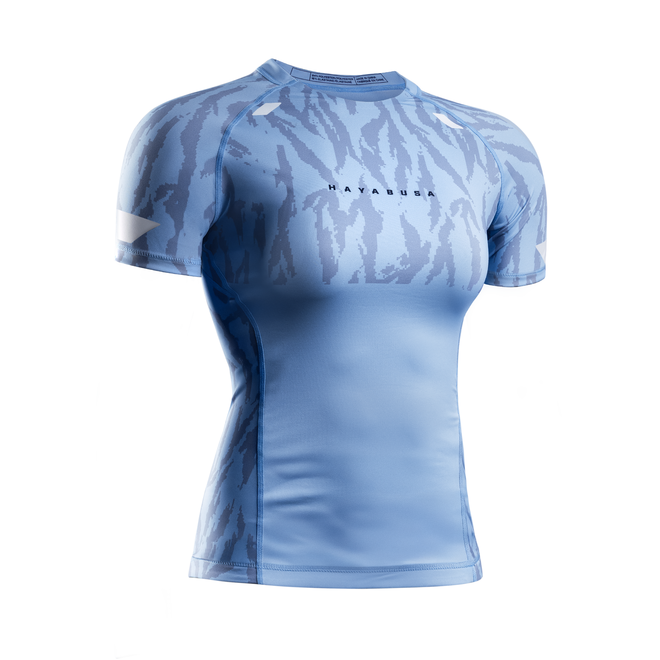 Vista frontale della rashguard donna Hayabusa Apex azzurra, compressione graduata per atlete