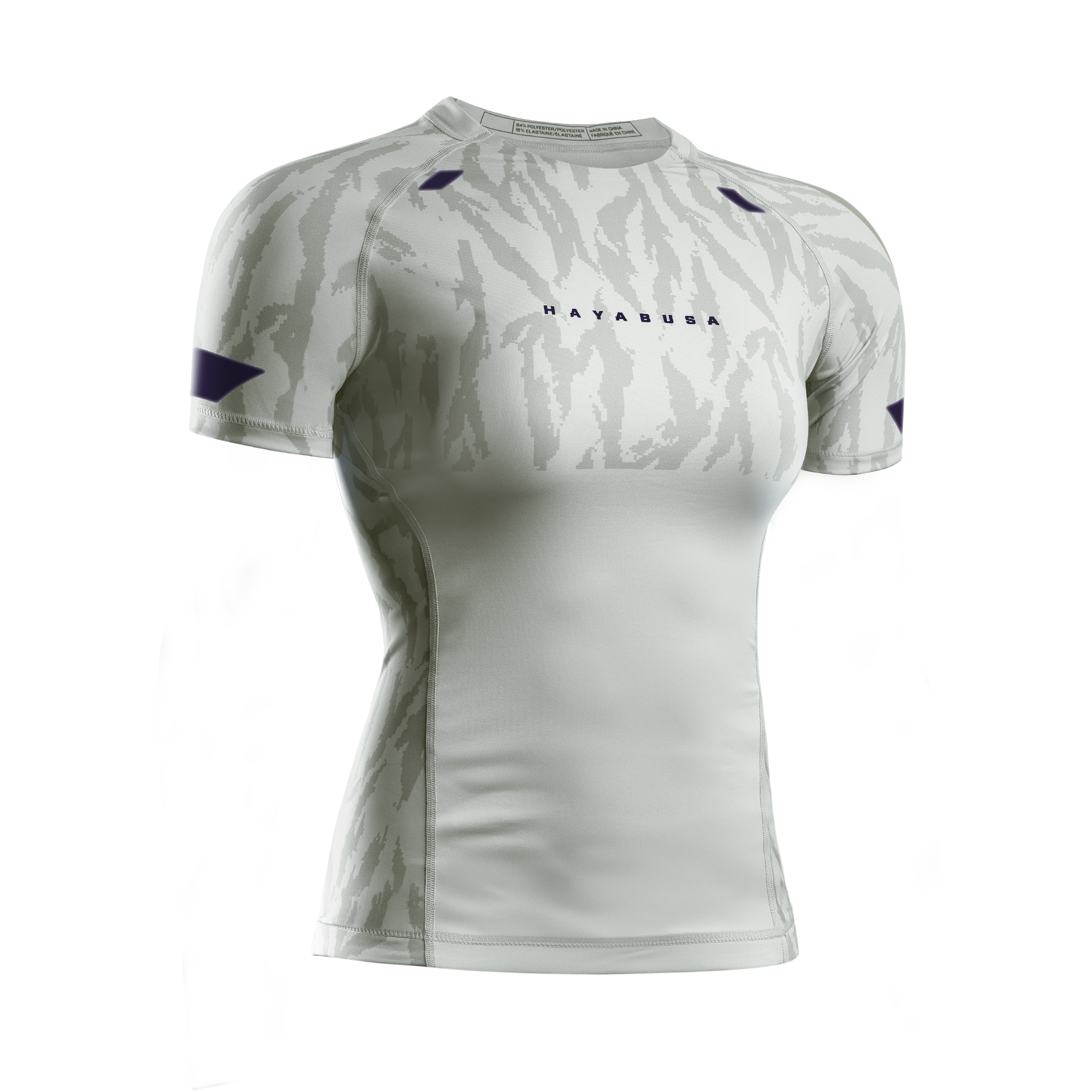 Vista frontale della rashguard donna Hayabusa Apex beige a maniche corte, tessuto tecnico per BJJ e MMA