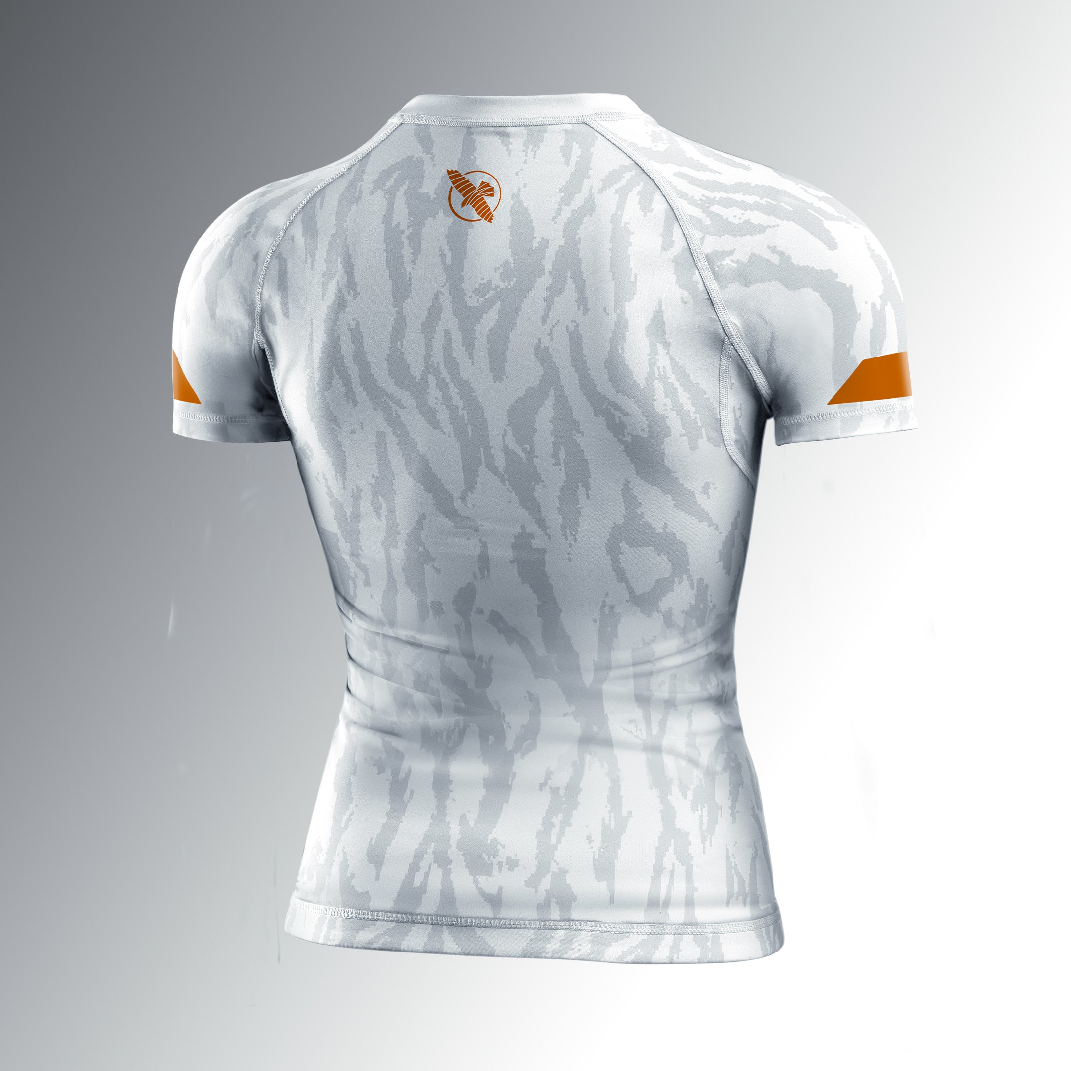 Vista posteriore della rashguard donna Hayabusa Apex bianco Ash, vestibilità ultra-form antisfregamento