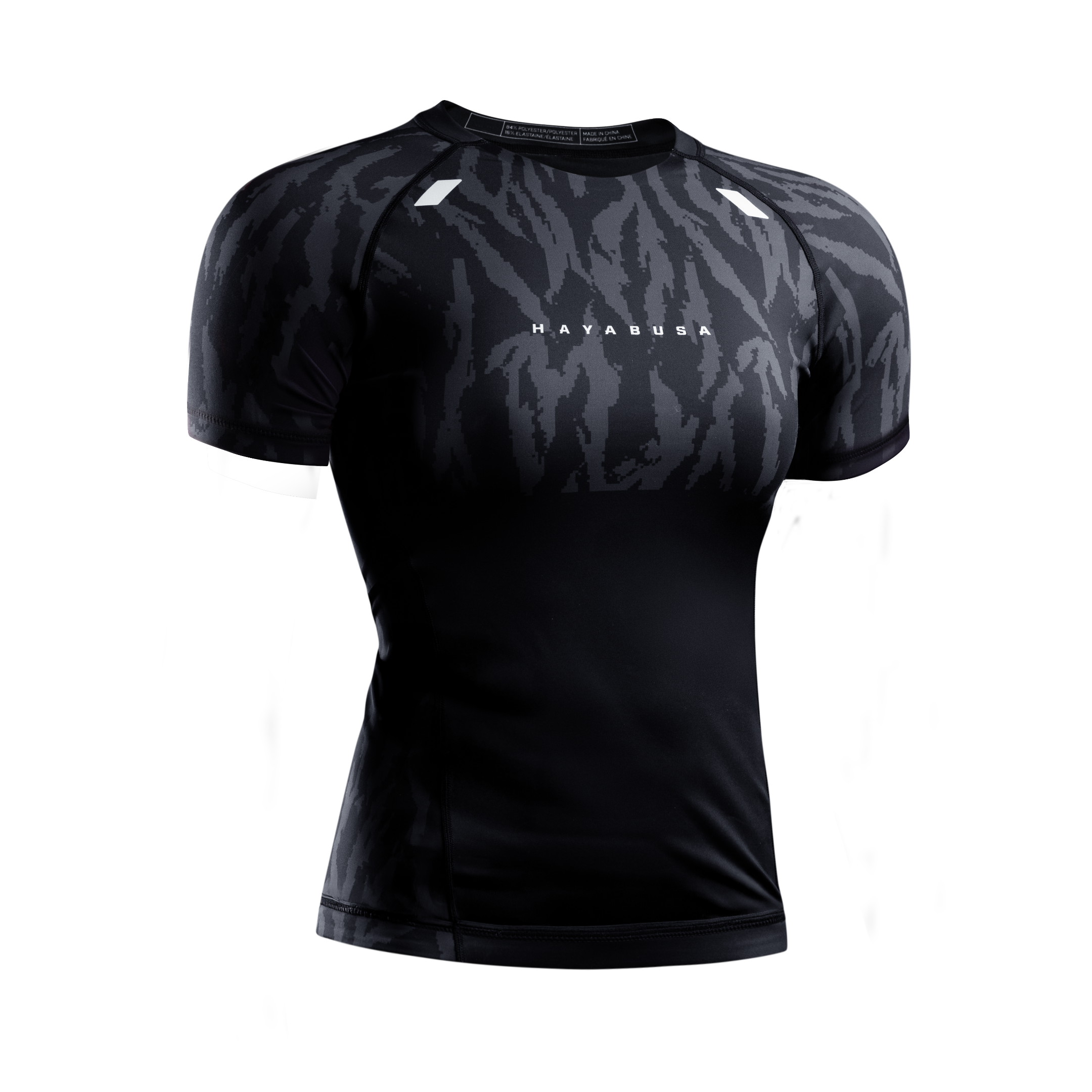 Vista frontale della rashguard donna Hayabusa Apex nera, design d'élite per performance nel combattimento