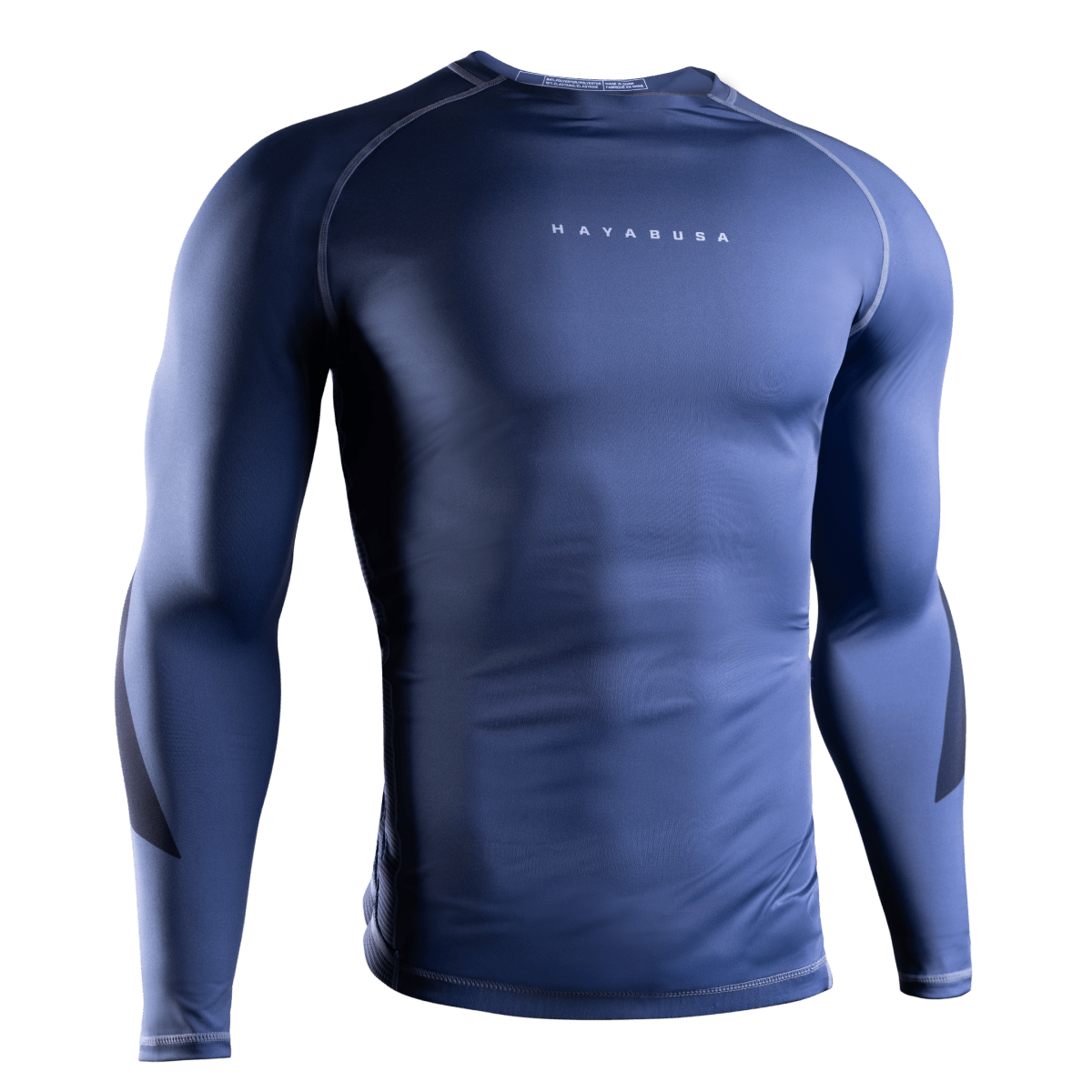 Front view of the blue Hayabusa Core long sleeve rashguard, high strength 200 GSM fabric