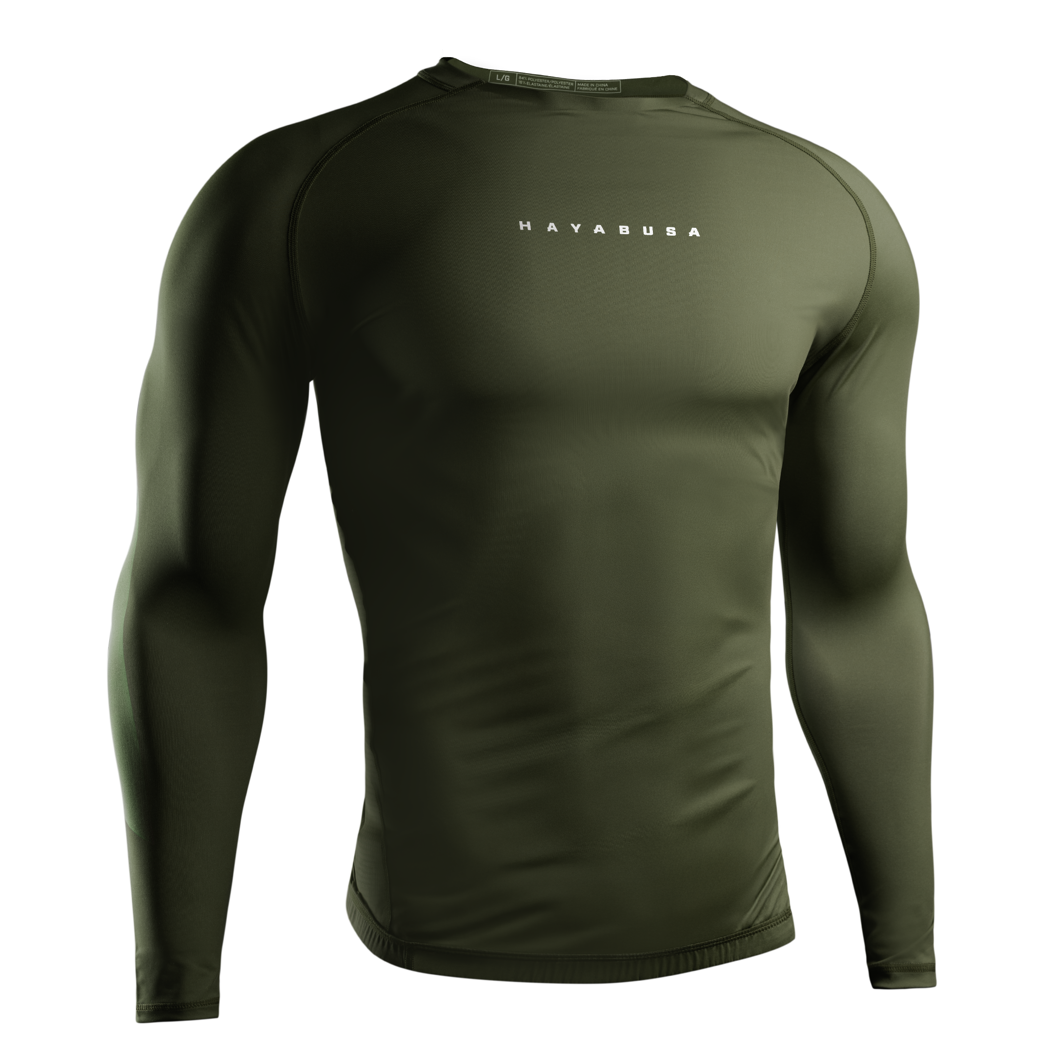 Vista frontale della rashguard verde Hayabusa Core, vestibilità "seconda pelle" traspirante