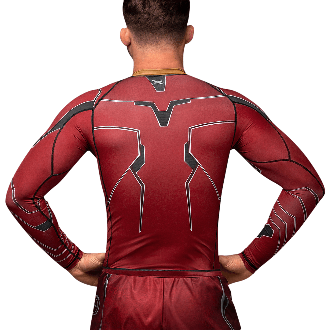 Vista posteriore della rashguard Iron Man Hayabusa, protezione completa a compressione per BJJ e MMA