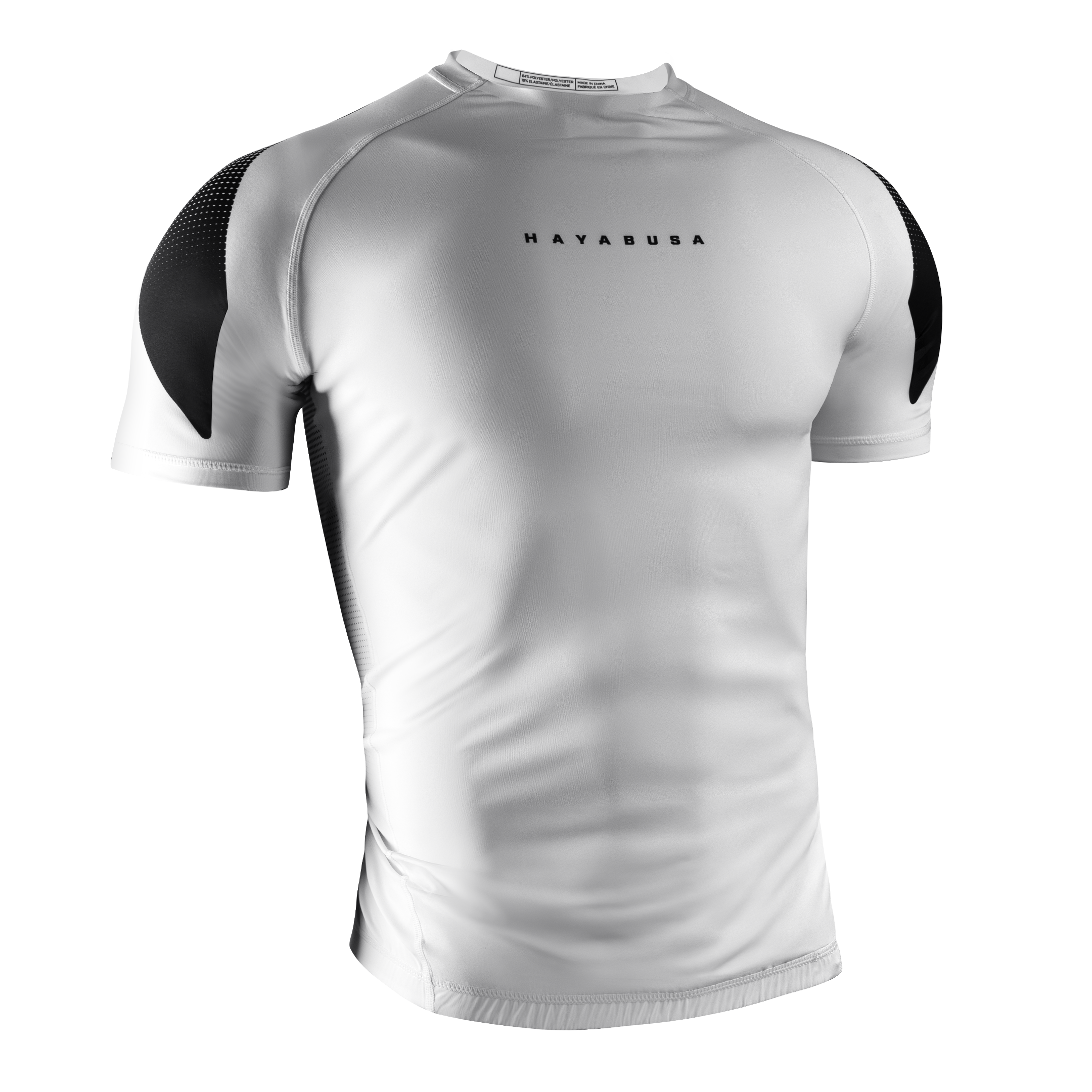 Vista frontale della rashguard Hayabusa Pro Ranked bianca a maniche corte, design conforme IBJJF per cinture bianche