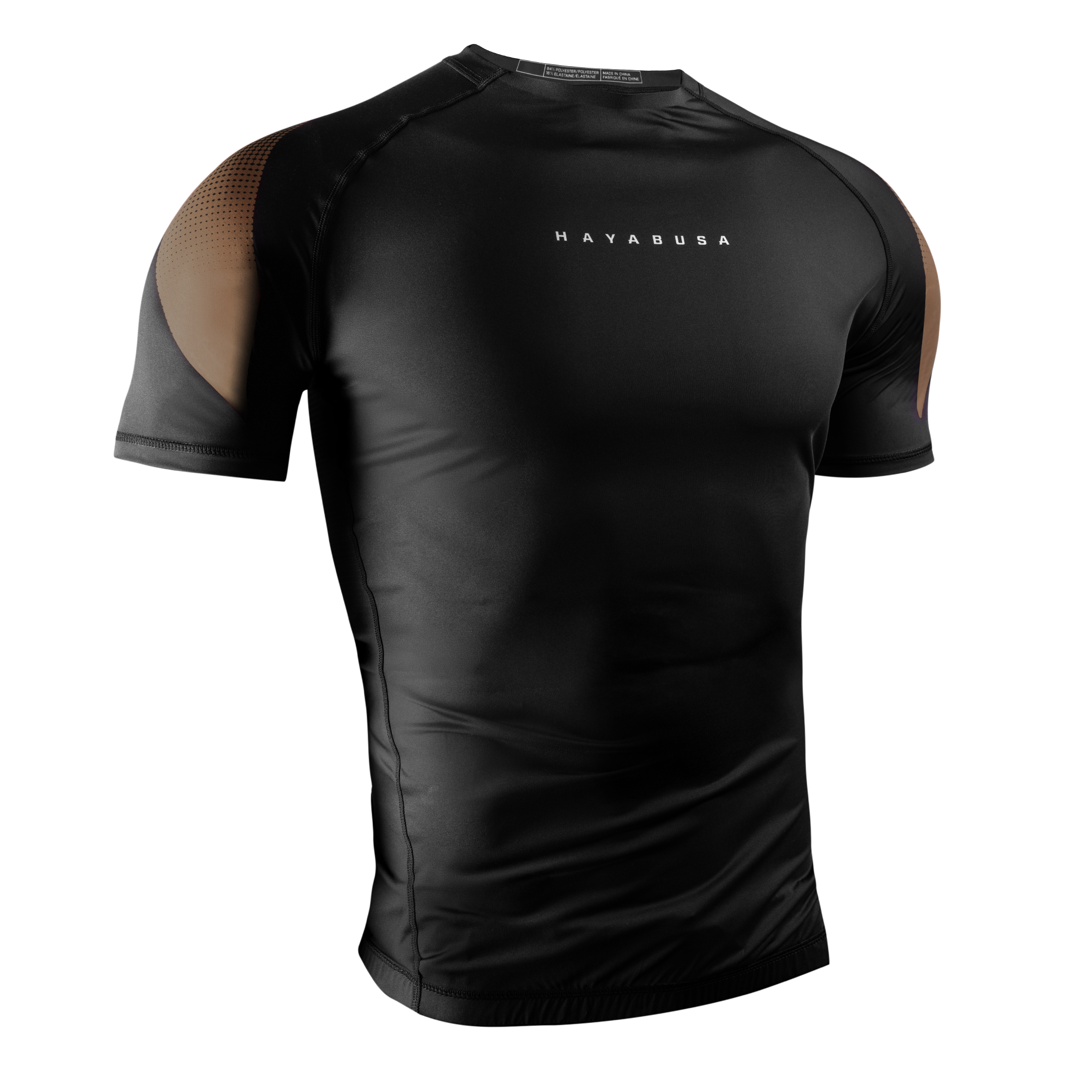 Vista frontale della rashguard Hayabusa Pro Ranked marrone a maniche corte, protezione professionale per cinture marroni