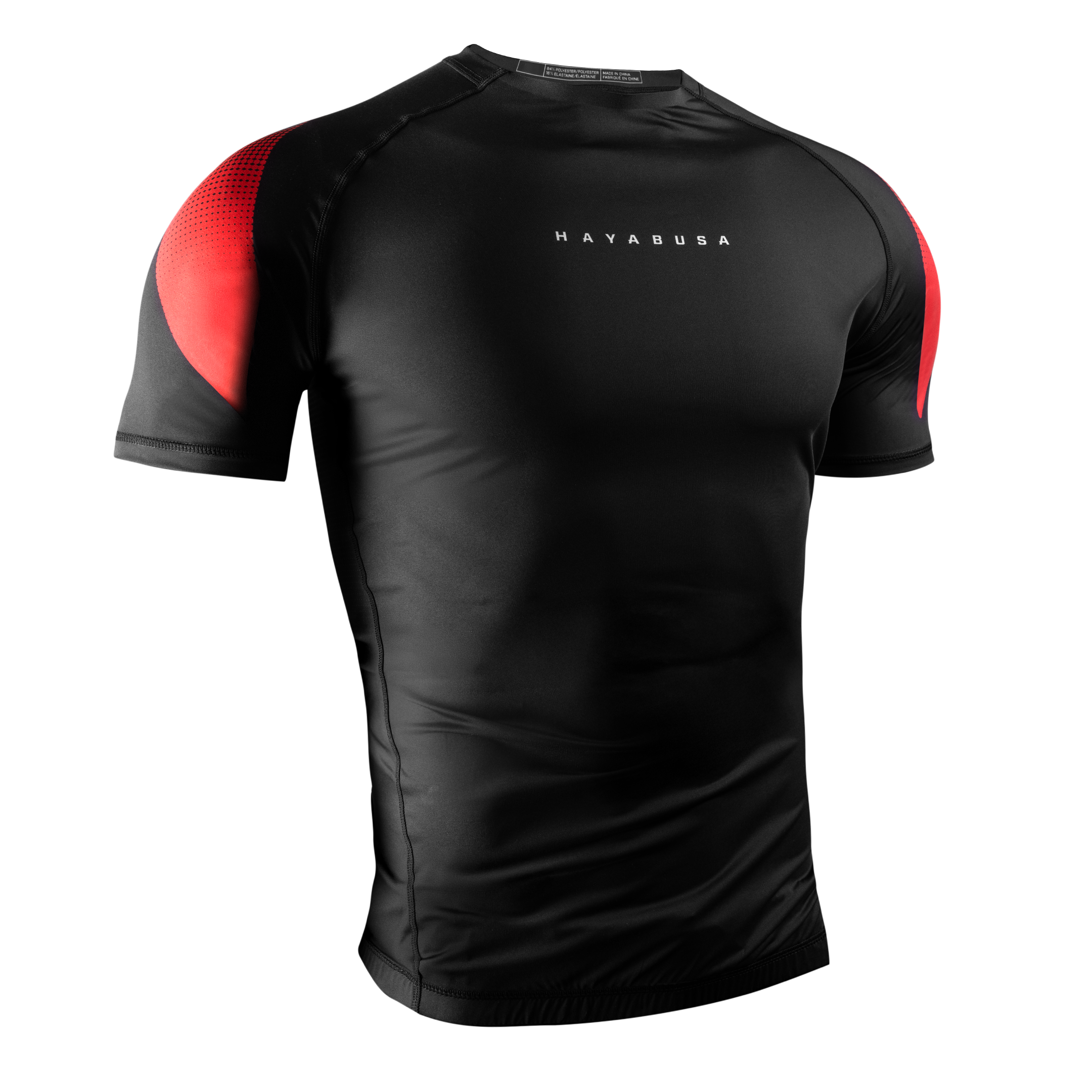 Vista frontale della rashguard Hayabusa Pro Ranked nera a maniche corte, fit d'élite per cinture nere