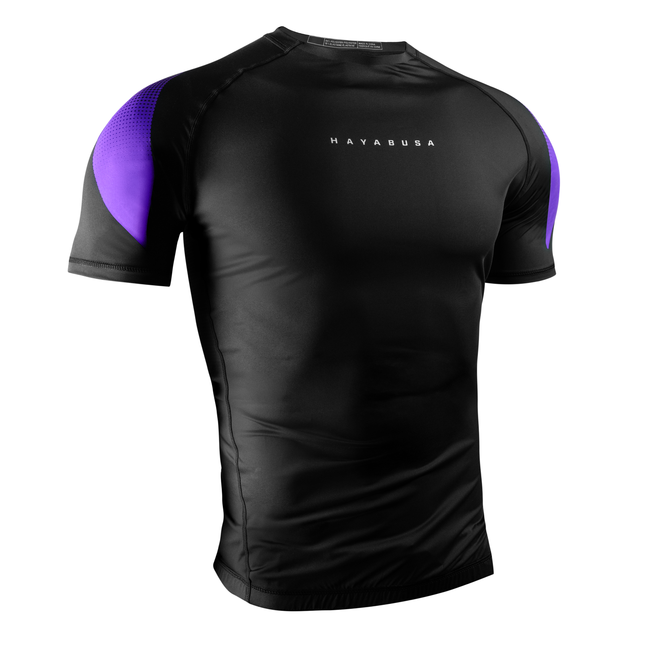 Vista frontale della rashguard Hayabusa Pro Ranked viola a maniche corte, ideale per tornei ufficiali di Jiu-Jitsu