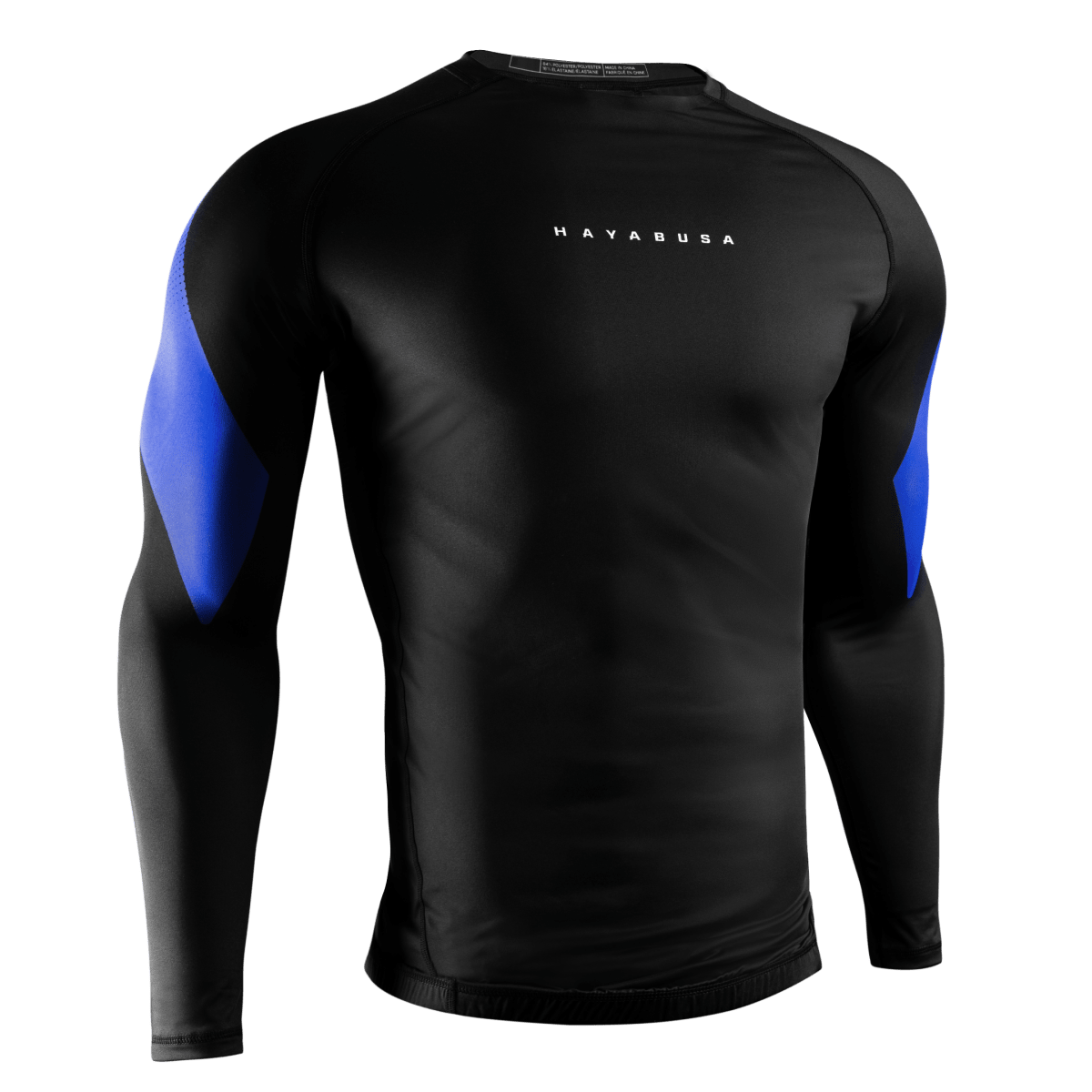 Vista frontal do rashguard azul Hayabusa Pro Rank, ajuste de compressão para faixas azuis