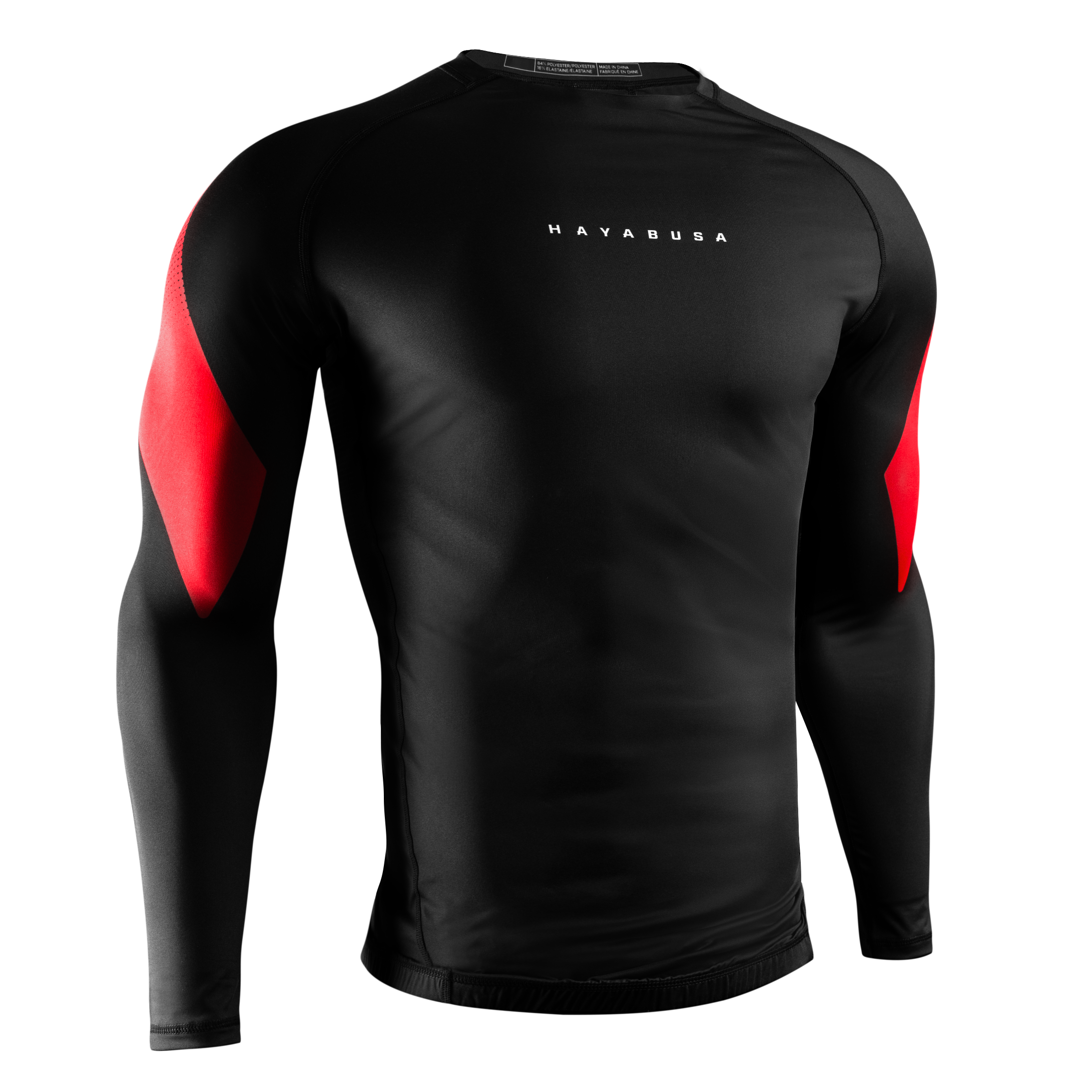 Vista frontale della rashguard Hayabusa Pro Ranked nera, fit d'élite per cinture nere