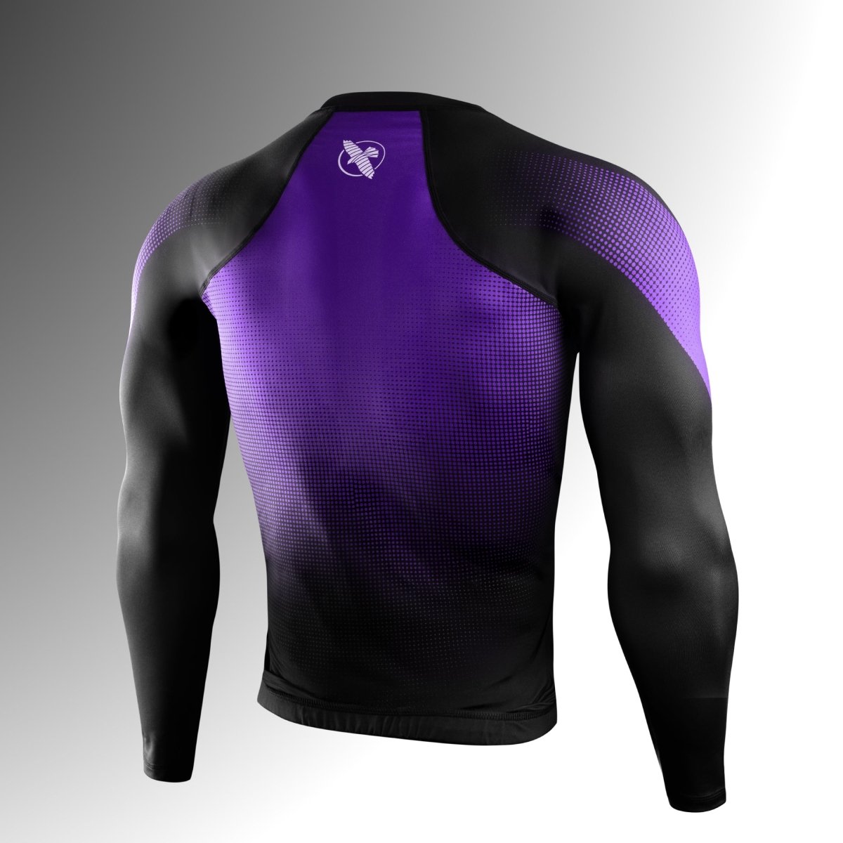 Vista traseira do rashguard roxo Hayabusa Pro Rating, tecido 200 GSM ultradurável