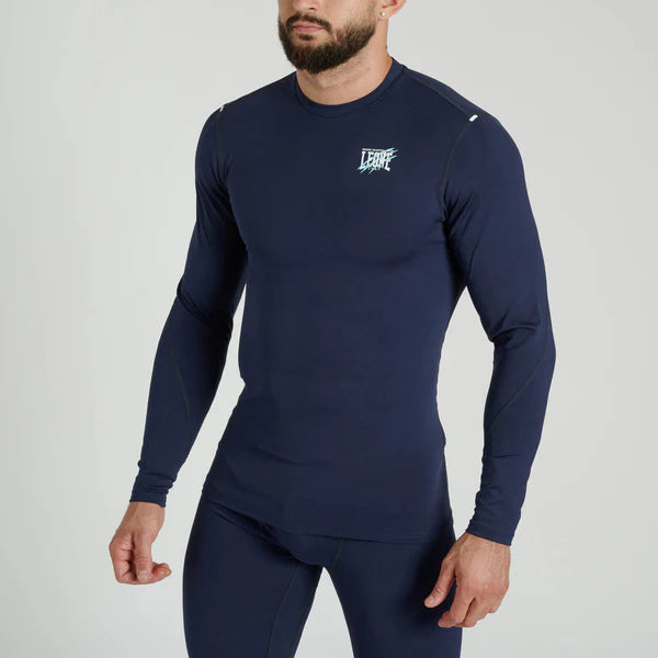 Vista frontale della rashguard Leone Primal Instinct blu a manica lunga per MMA