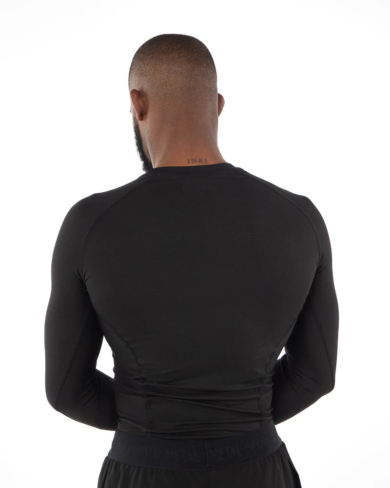 Vista posteriore rashguard maniche lunghe Metal Boxe nera fit a compressione professionale