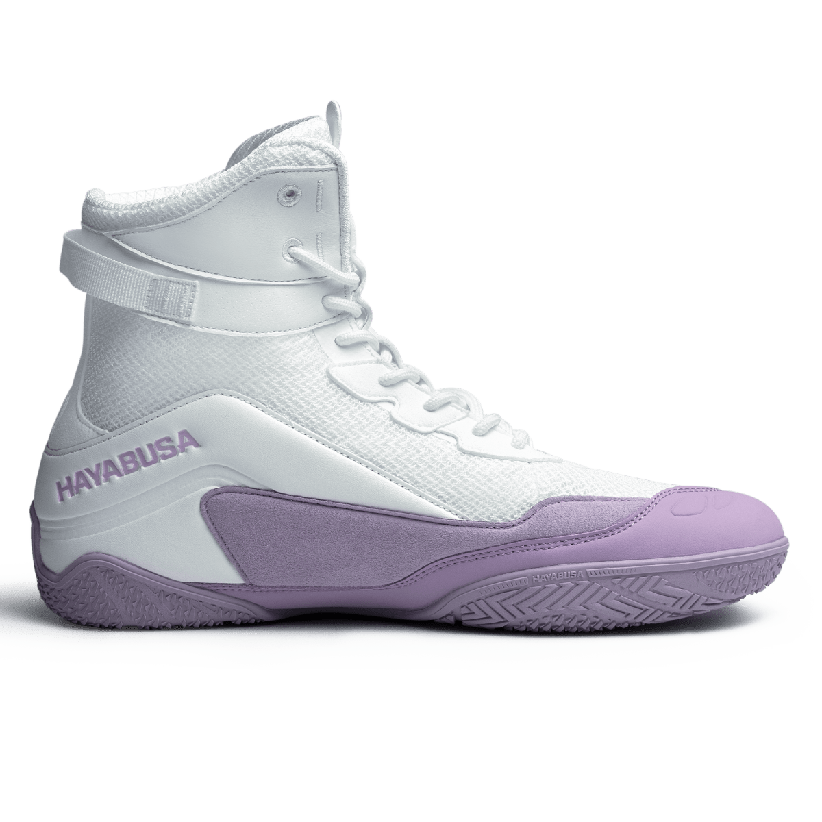 Detail of the high traction rubber sole of the lavender white Hayabusa Talon shoes