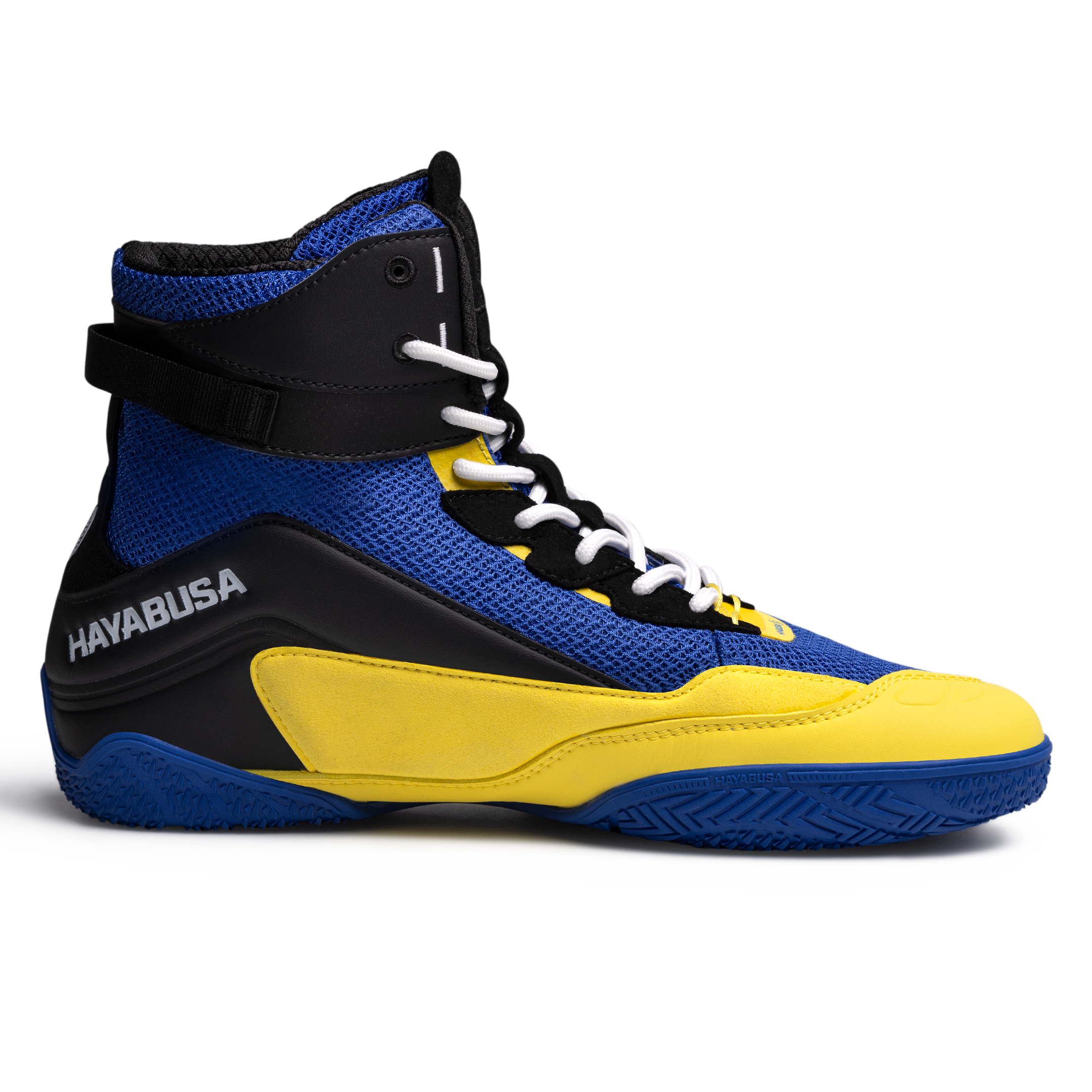 Dettaglio della suola in gomma ad alta trazione delle scarpe Hayabusa Talon blu giallo