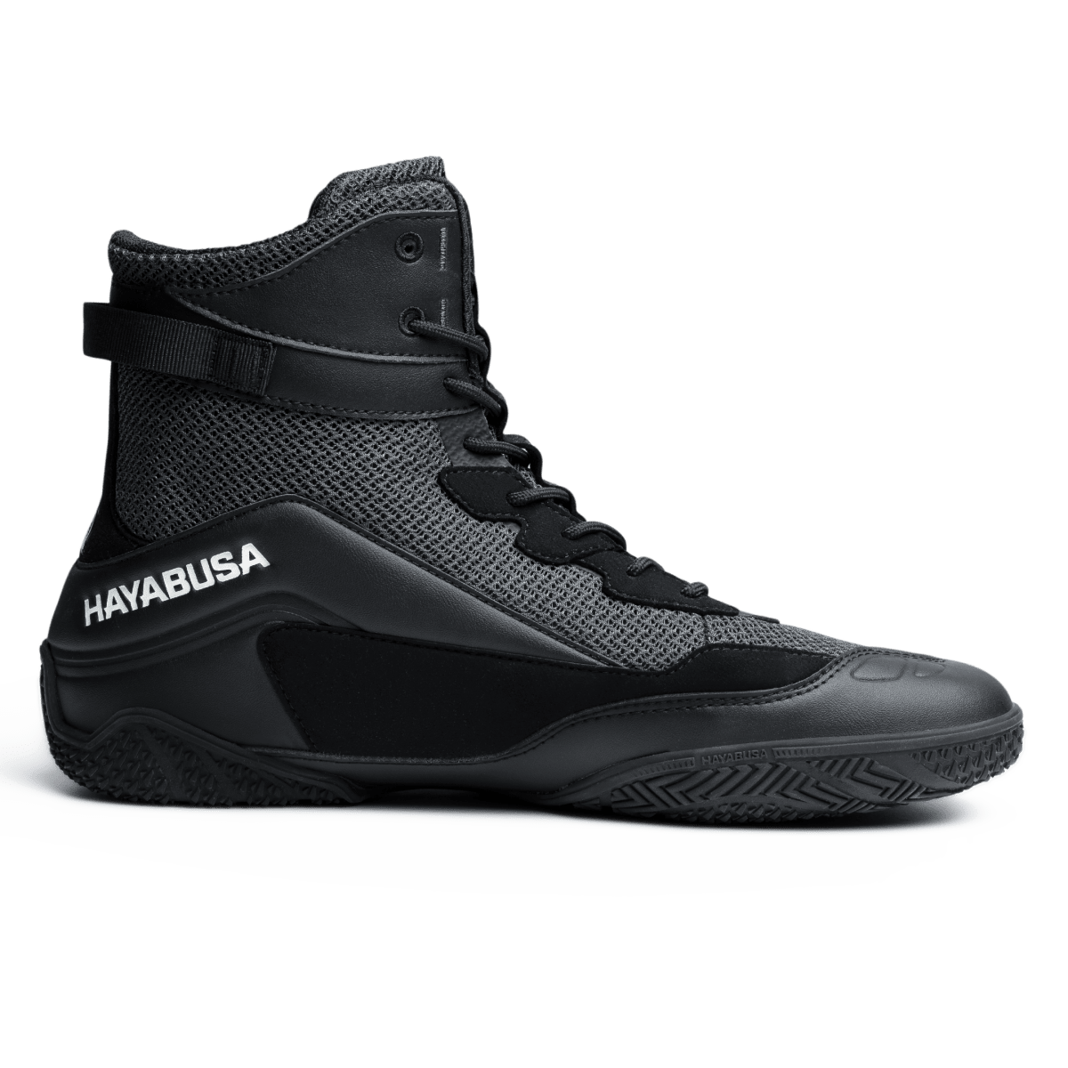 Detail of the high traction rubber sole of the black Hayabusa Talon shoes