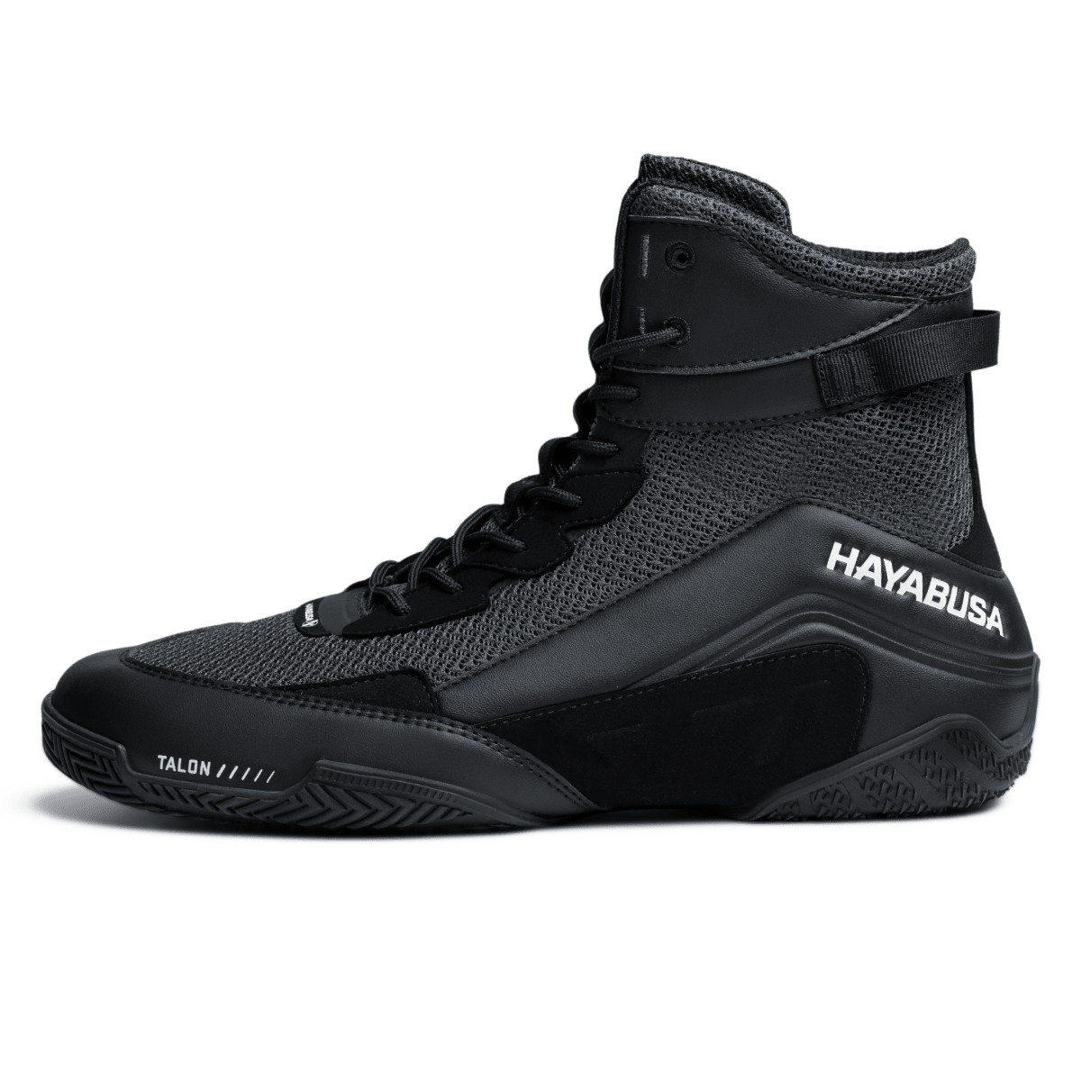 Detail of the microfiber leather and mesh materials of the black Hayabusa Talon shoes