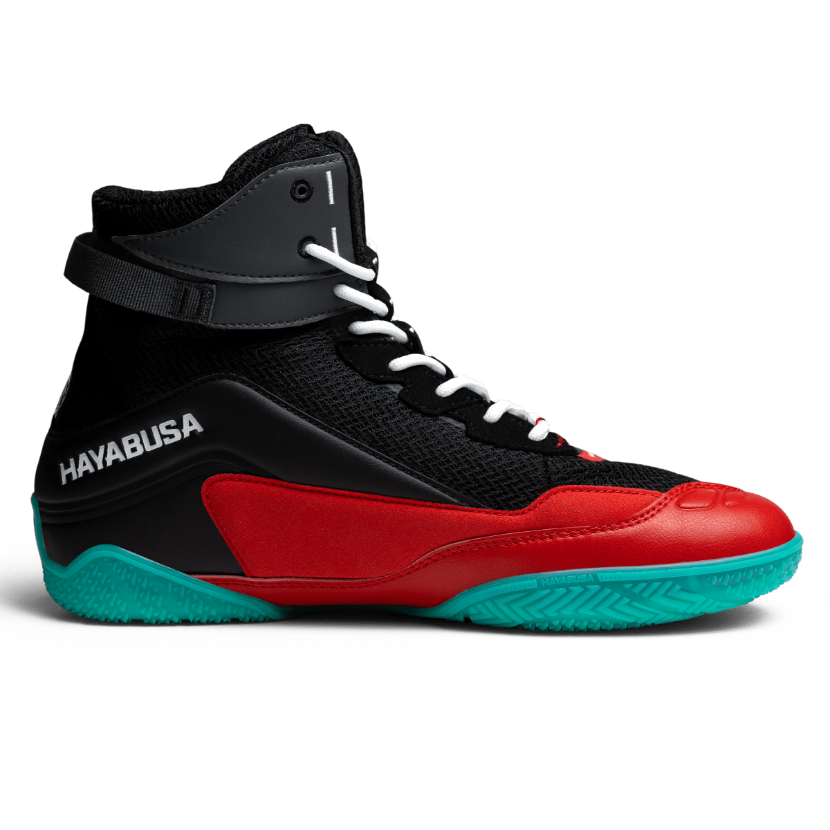 Detail of the high traction rubber sole of the black red Hayabusa Talon shoes