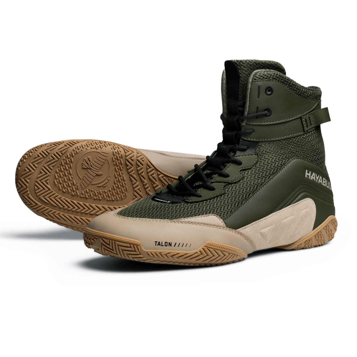 Green and brown Hayabusa Talon boxing shoes seen from the front in close-up