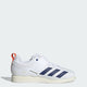 Vista singola laterale scarpa Powerlift 5 bianca e blu, design tecnico bicolore