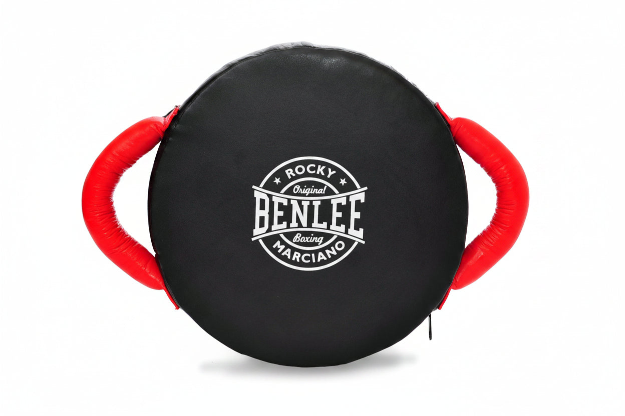 Vista frontale dello scudo rotondo da boxe BenLee Potenza di colore nero e rosso