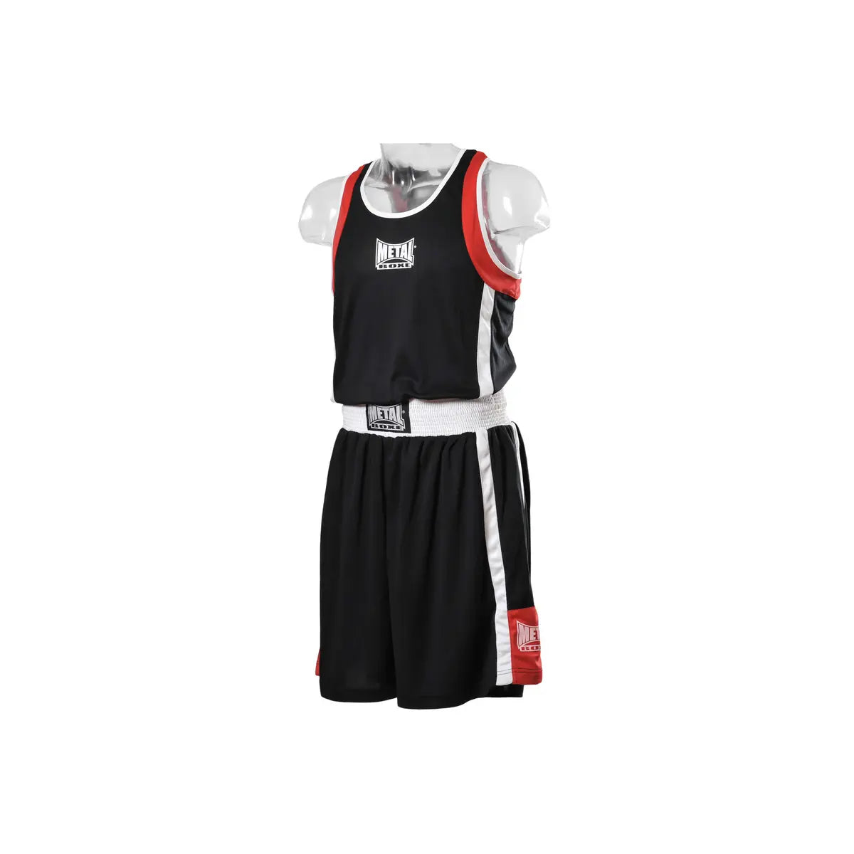 Vista frontale set boxe bambini Metal Boxe nero canotta e pantaloncini