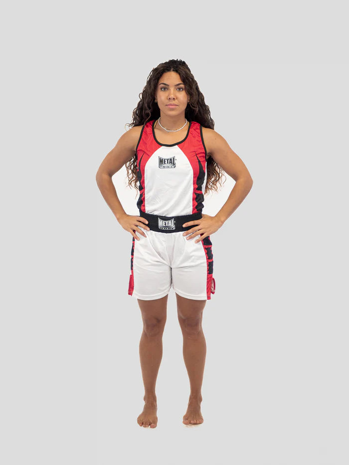 Vista frontale completa divisa boxe donna Metal Boxe bianco per competizione