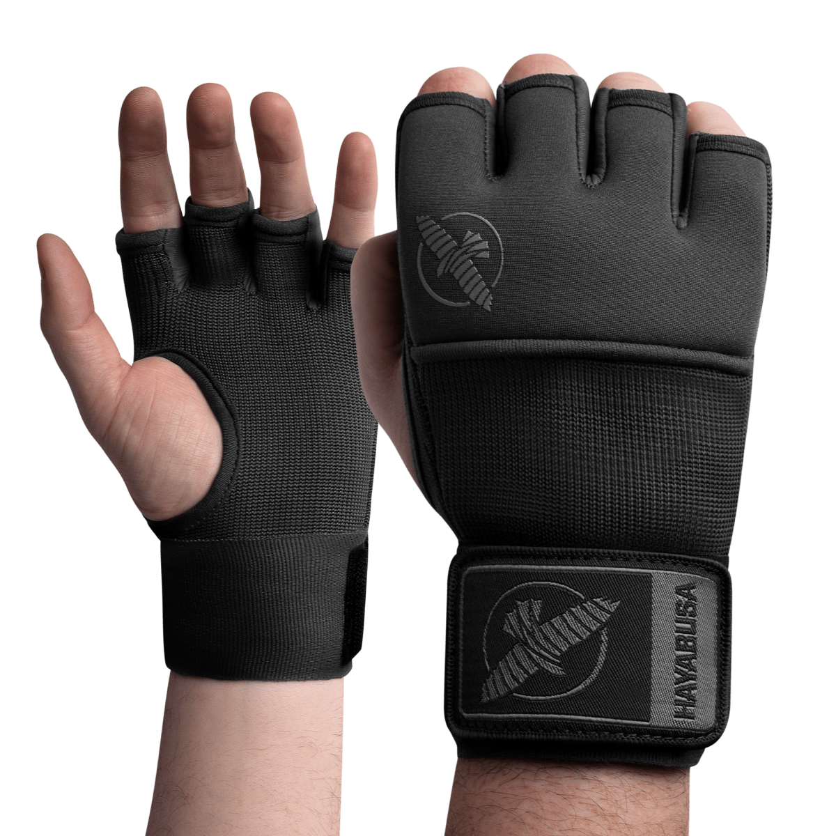 Vorderansicht der professionellen schwarzen Hayabusa Deluxe Quick Wraps Unterhandschuhe