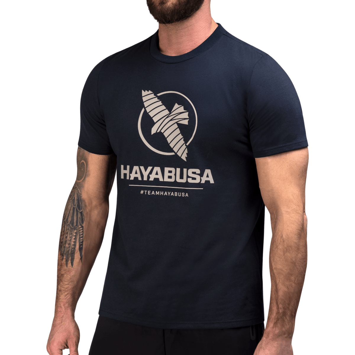 Vooraanzicht van het nachtblauwe Hayabusa VIP-t-shirt voor heren met print op de voorkant