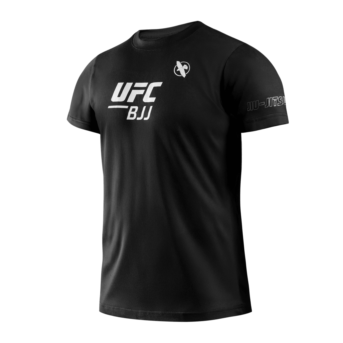 Vooraanzicht van het zwarte Hayabusa UFC BJJ unisex t-shirt, met het officiële 'UFC BJJ'-logo op de borst gedrukt