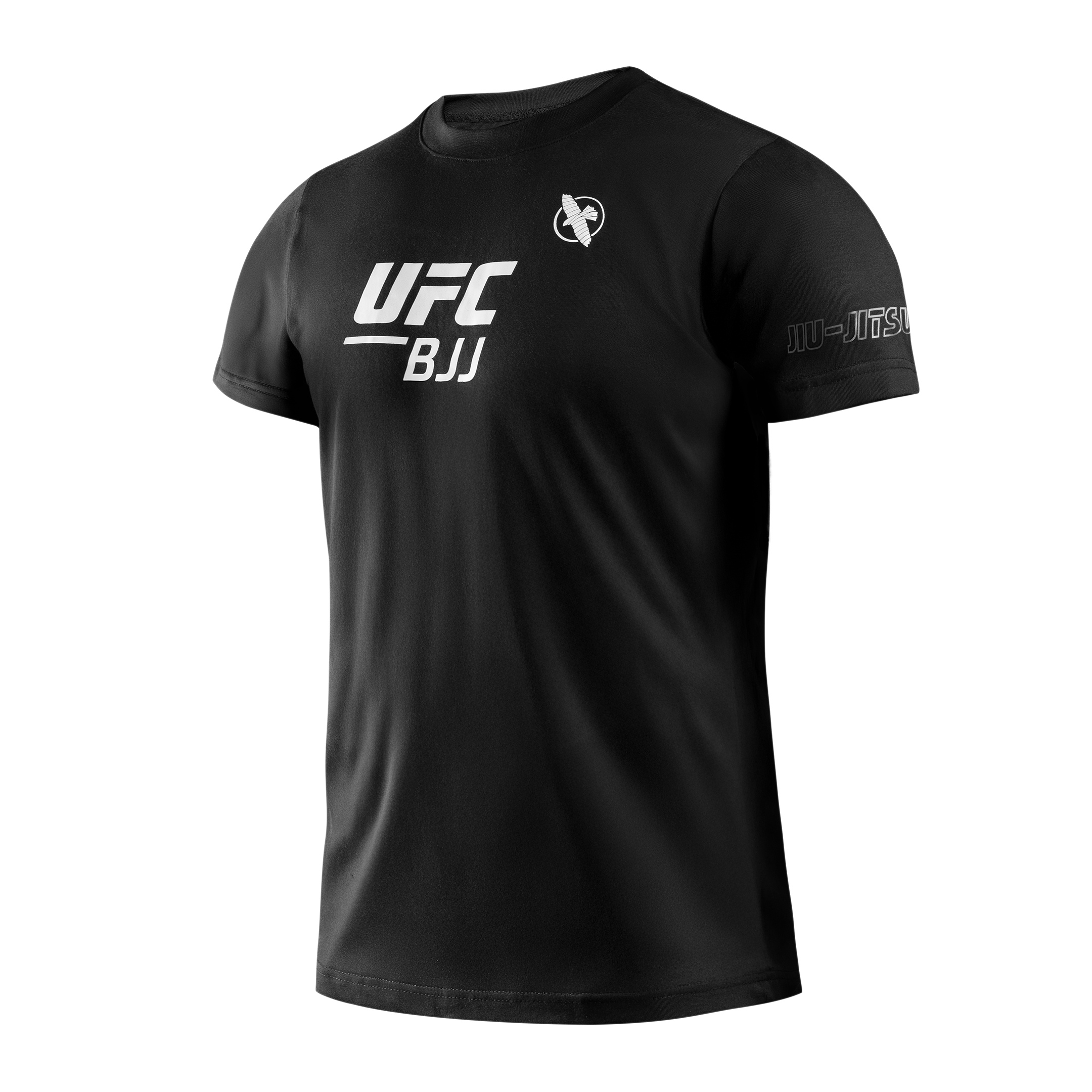 Vista frontale della t-shirt unisex Hayabusa UFC BJJ nera, con il logo ufficiale 'UFC BJJ' stampato sul petto
