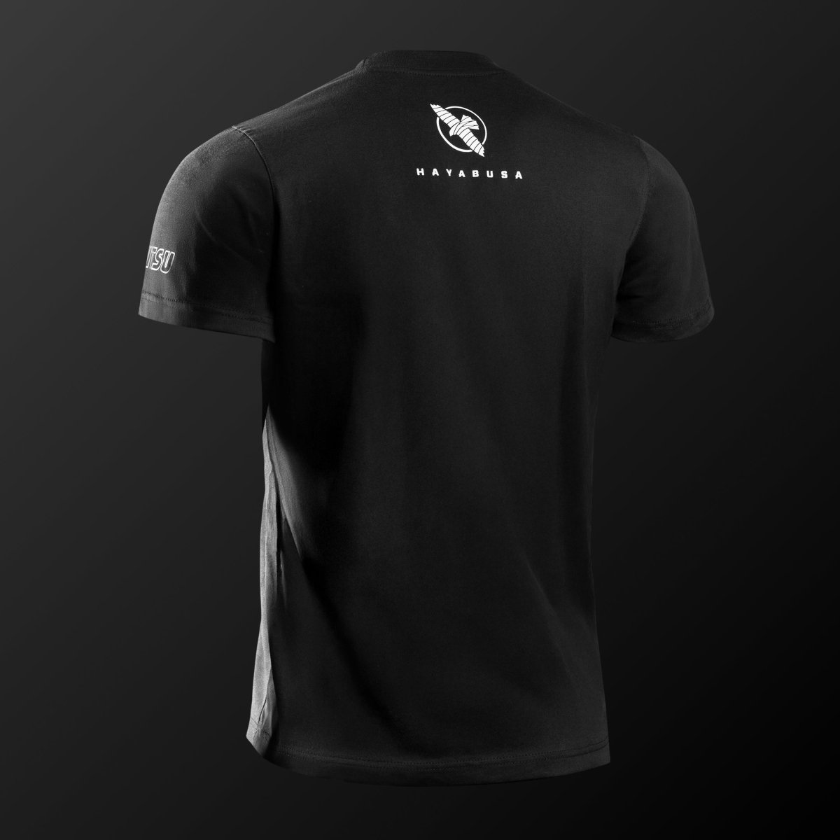 Vedere din spate a tricoului negru Hayabusa UFC BJJ, design minimalist și croială atletică pentru antrenament